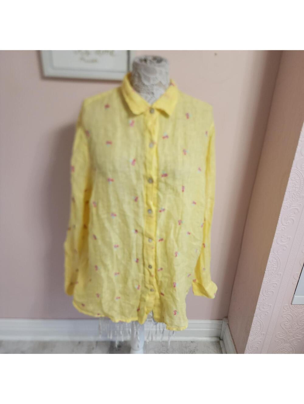 Haris Cotton Yellow Floral Button Down Tunic Top XL